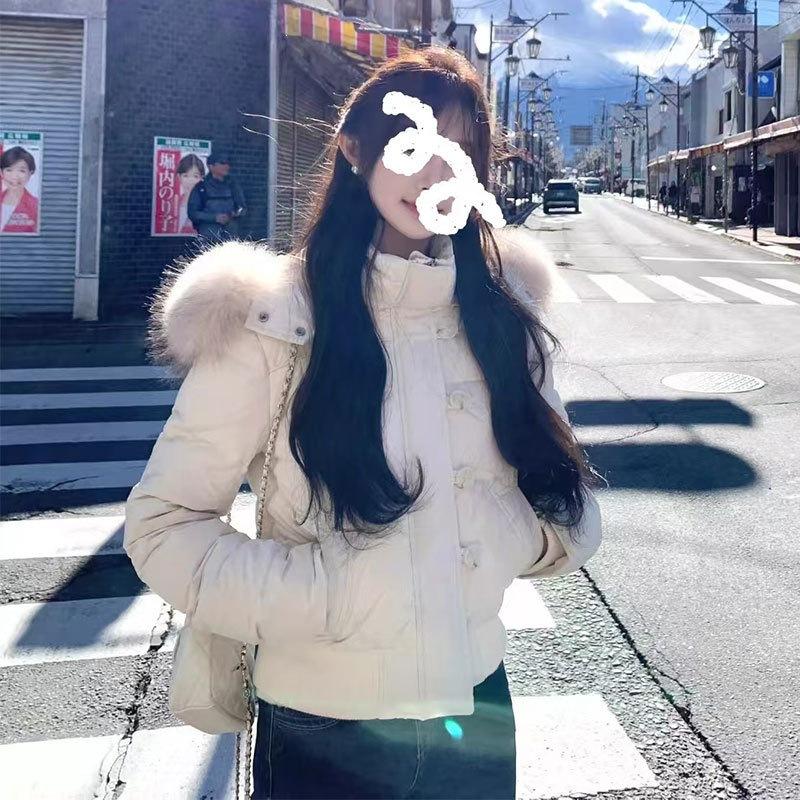 Winter versatile navy blue hooded fur collar short cotton-padded jacket women's new warm thickened polyester cotton-padded jacket