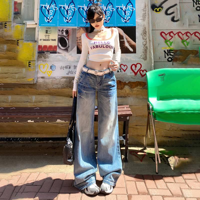 Retro Low-Rise Flared Spicy Girl Jeans: Slimming Floor-Length Straight-Leg Pants for Women Extra Small