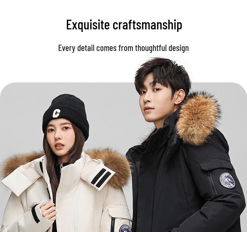 2025 Unisex Winter Down Jacket with Fur Collar – Plush, Hooded, White Duck Down Coat for Men & Women