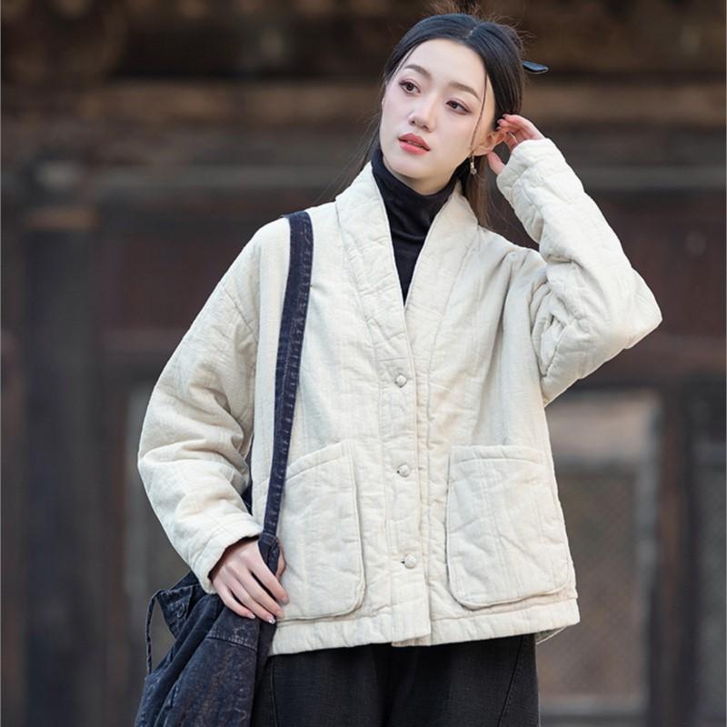 Johnature Women Chinese Style Button V-Neck Solid Color Coats Winter Pockets Coats