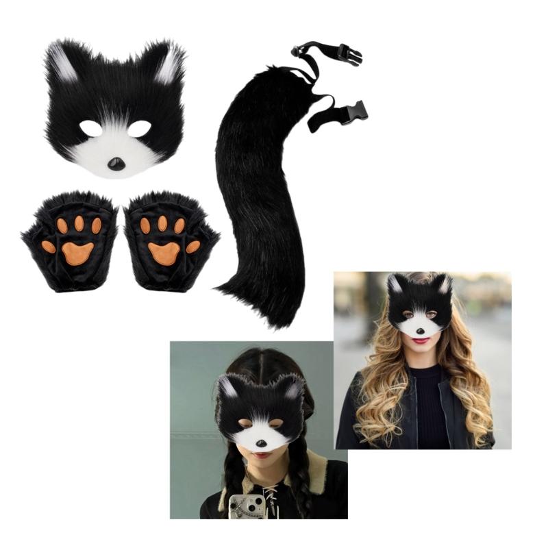 Foxes Tail Furry Gloves Foxes Face Cover Set Soft Animal Tail Foxes Costume Dress Up Set for Halloween Costume Cosplay