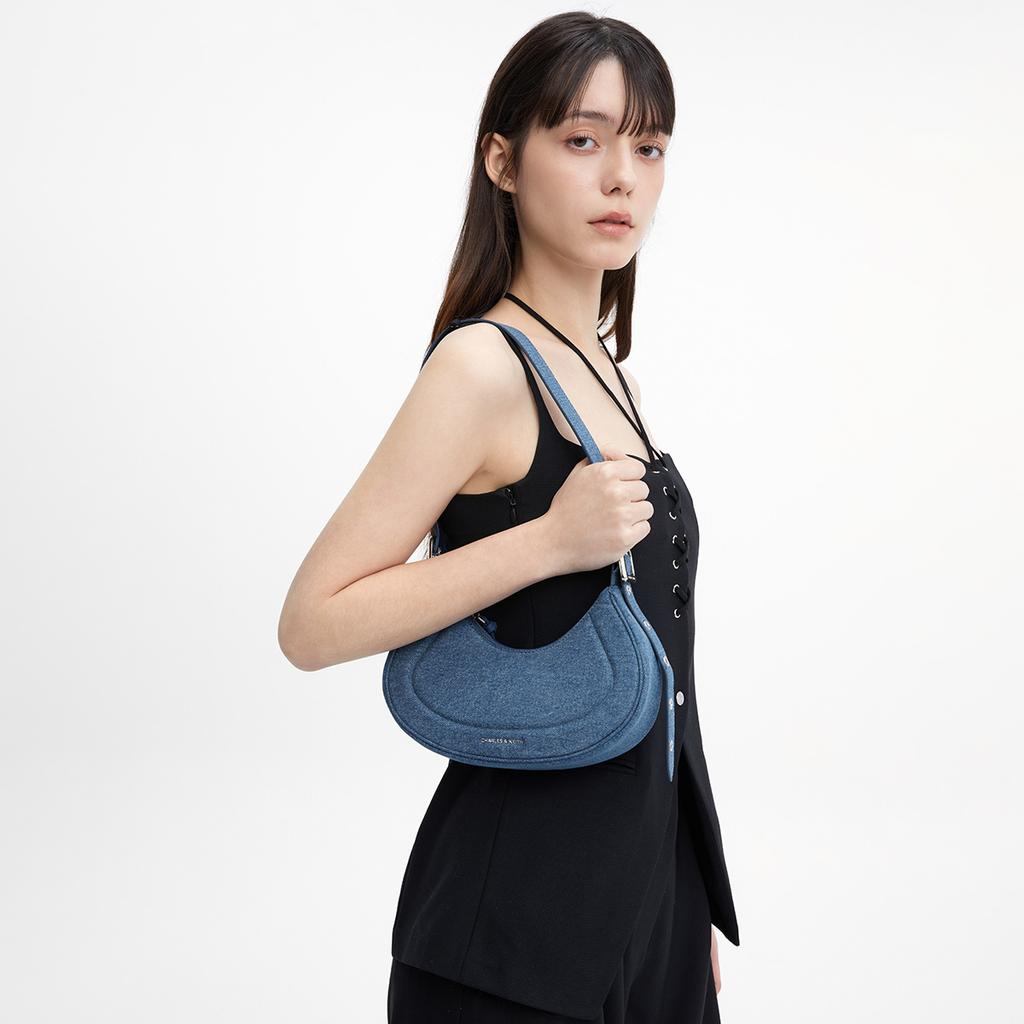 New CHARLES&KEITH Denim Shoulder Bag, Pea Bag Single Shoulder Bag Women's Dark Denim Blue CK2-20271258-1