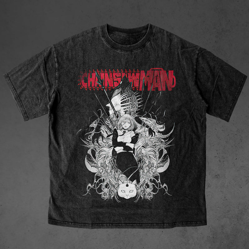 Chainsaw Man Power Blood Fiend Anime T Shirt 2026 Summer Vintage Washed Unisex Cotton Loose Fit Short Sleeve Streetwear Graphic 2XL