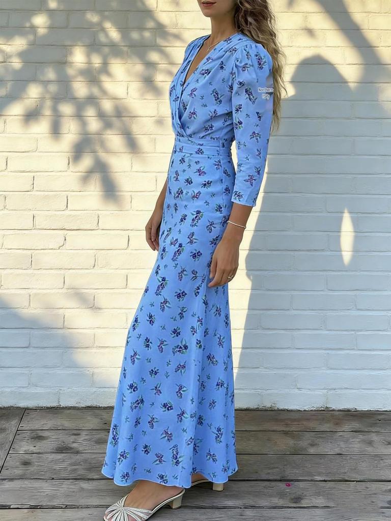 Spring-Summer V-Neck Floral Blue Dress for Women - Long Sleeve, Belted, Slim Fit