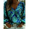 Printed Retro Western-style Shirt, V-neck Women's Long-sleeved Top, Bohemian-style Fringed Sleeve Design, Suitable for Casual Wear and Vacation