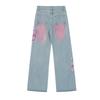 Womens High-Waisted Wide Leg Straight Cut Denim Jeans With Color-Block Patchwork Design Winter