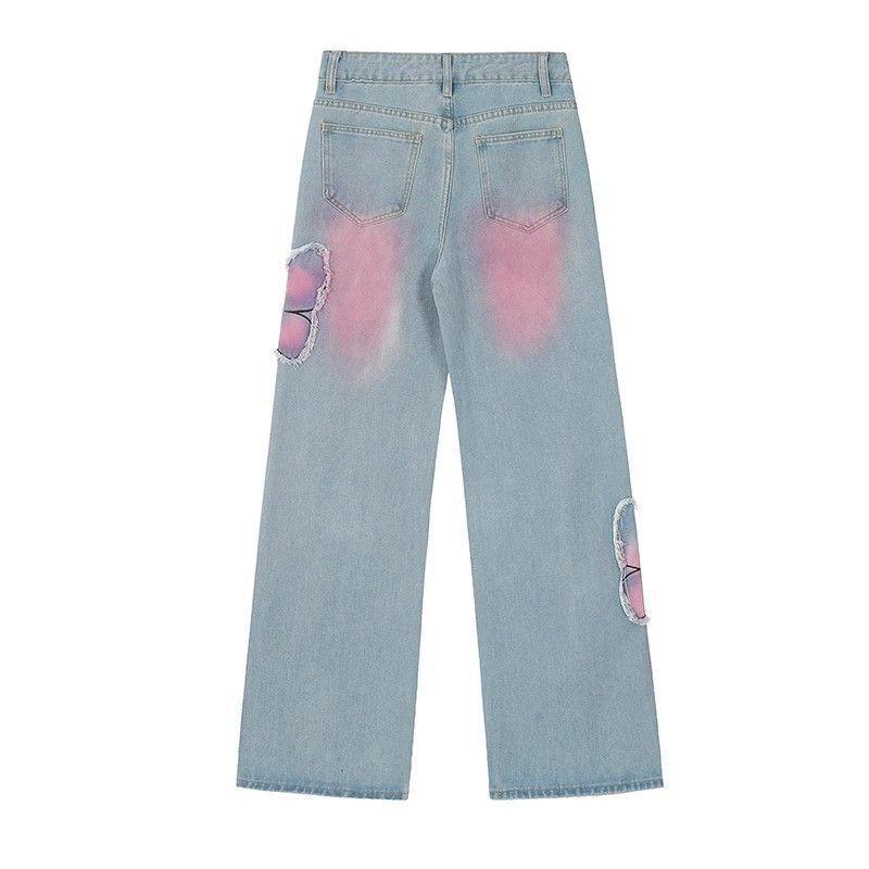 Womens High-Waisted Wide Leg Straight Cut Denim Jeans With Color-Block Patchwork Design Winter