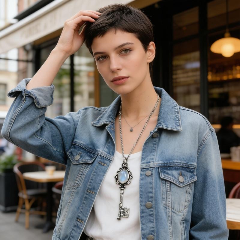 Gothic Moonstone/Black Stone Pendant Necklace With Skull Key Charm For Women Trendy Jewelry Accessory