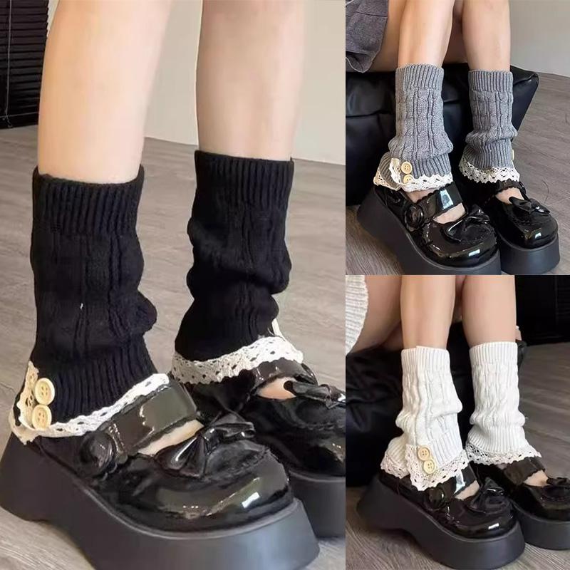 Harajuku Lace Edge Button Knitted Socks for Women Winter Warm College Style Thick Boot Socks Japanese Style Lolita Leg Warmers