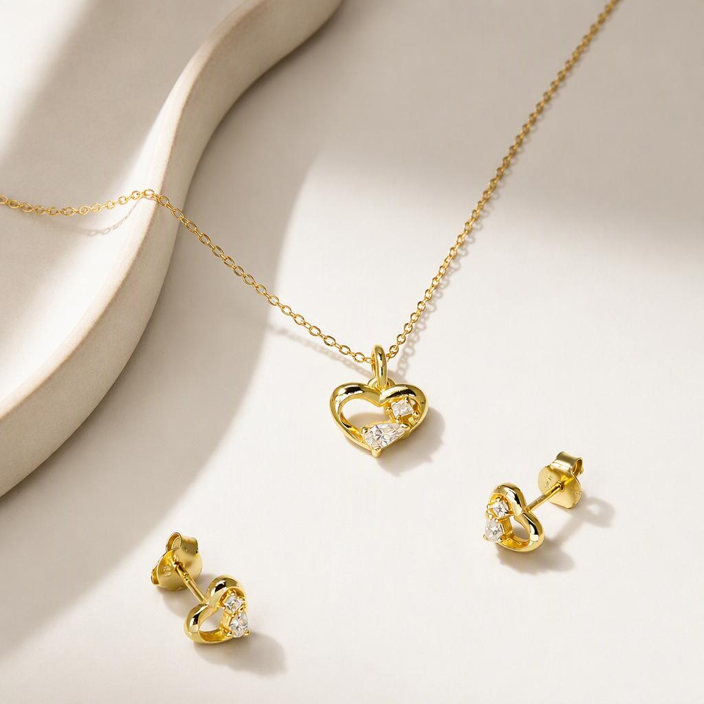 Custom 925 Sterling Silver 18K Gold Plated Moissanite Love Heart Pendant Necklace Earrings Jewelry Set Women Engagement Wedding