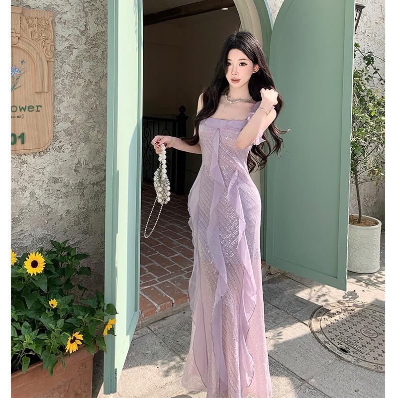 Premium Elegant Fairy Sequin Splicing Suspender Dress Banquet Evening Dress White Purple Dress