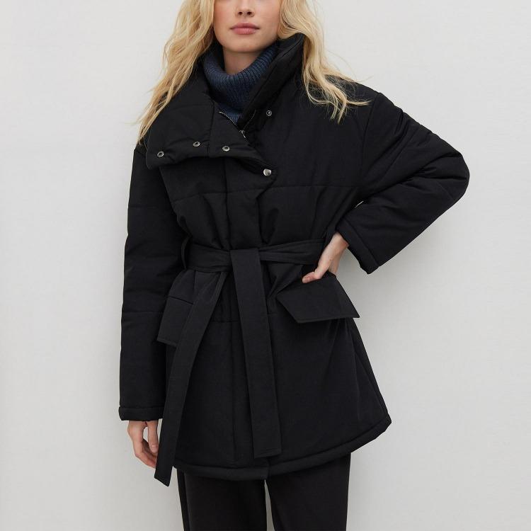 Autumn Winter Women Stand Collar Cotton Coat Medium Long Belted Jacket with Irregular Button Design Temperament