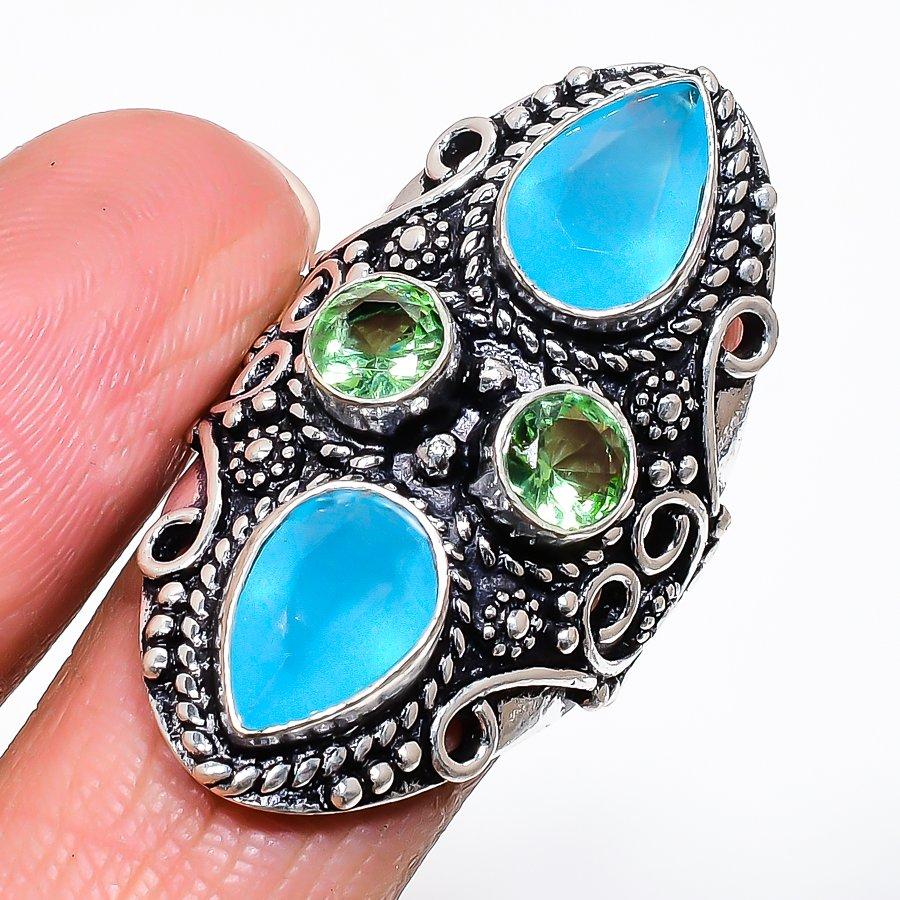 Натуральный Халцедон, Цаворит 925 Пробы Серебро Ювелирное Кольцо Размер 8 AR-16521