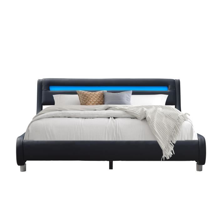 Lit simple en placage MDF massif 140x200 - - Sommier lattes - Tte de Lit Incurve NOIR