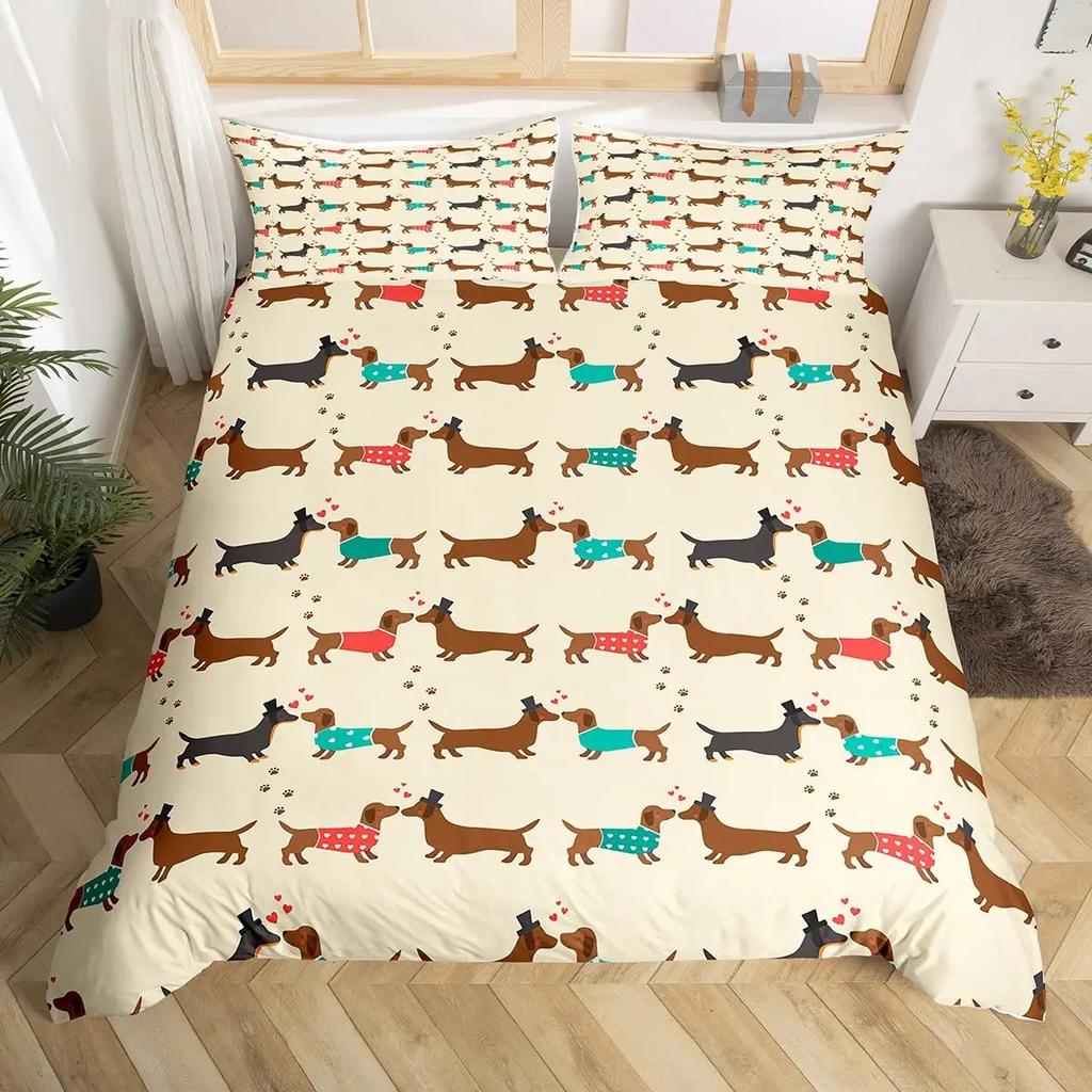 Cartoon Dachshund Bedding Set Cute Sausage Dog Duvet Cover Set Pet Puppy Printed Comforter Cover Animal Polyester Quilt Cover