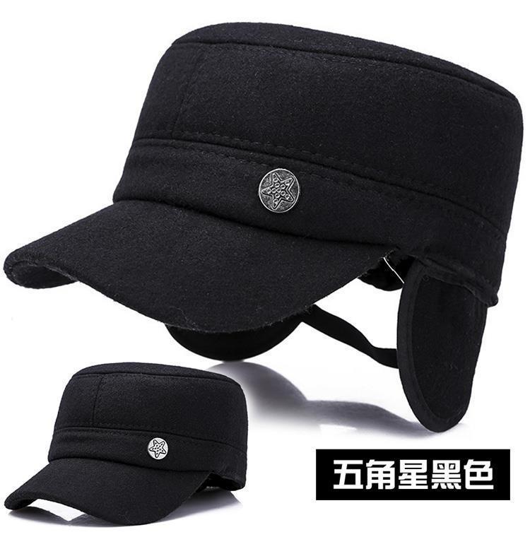 Middle-aged and Elderly Hats Men's Autumn and Winter Woolen Warm Flat-top Hats Five-star Thickened Dad Hats Grandpa Hats Peaked Hats