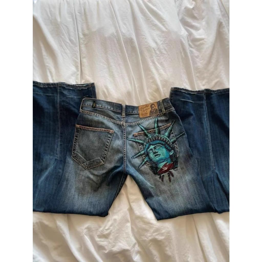 FlowStreet Y2k 2000s Statue of Liberty Diamonds Denim Pants Casual High Waist Straight Wide Leg Jeans Harajuku Vintage Pants