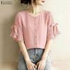 Women Floral Print Splice Short Sleeve Loose Casual Crew Neck Blouse