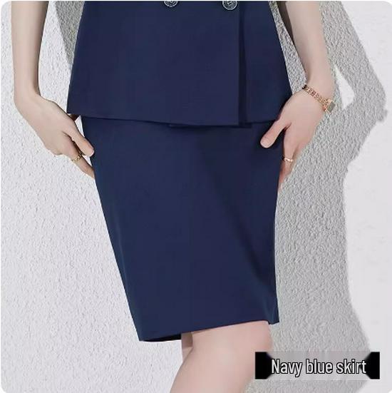 Navy Blue Short Sleeve Double-Breasted Professional Suit Set
