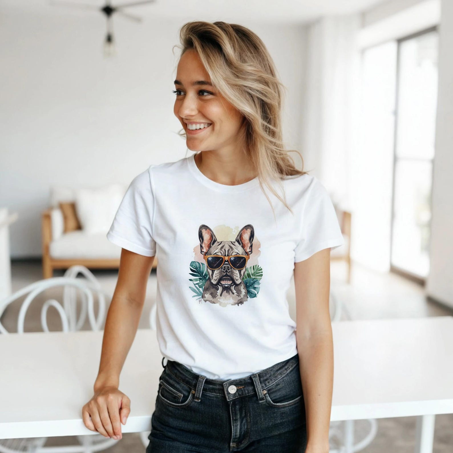 French Bulldog Sunglasses T-Shirt | Tropical Watercolor Frenchie Graphic Tee 2XL