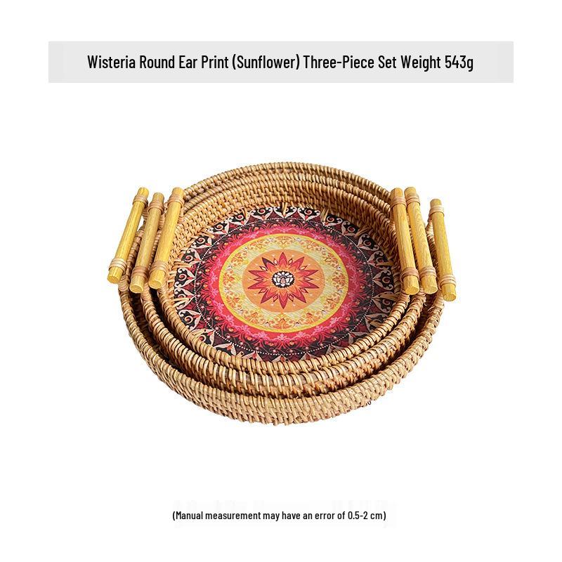 Nordische Handgefertigte Rattan Gewebte Florale Print Runde Griff Frühstückstablett