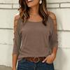 Women Casual Solid Color Loose Off Shoulder Three Quarter Sleeve T Shirt