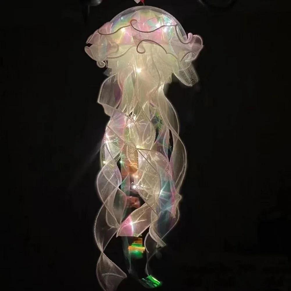 Jellyfish Bedroom Light Lamp Button Battery Hanging Ceiling Lantern with Ribbon&Bead LED Bulbs for Children Bedroom