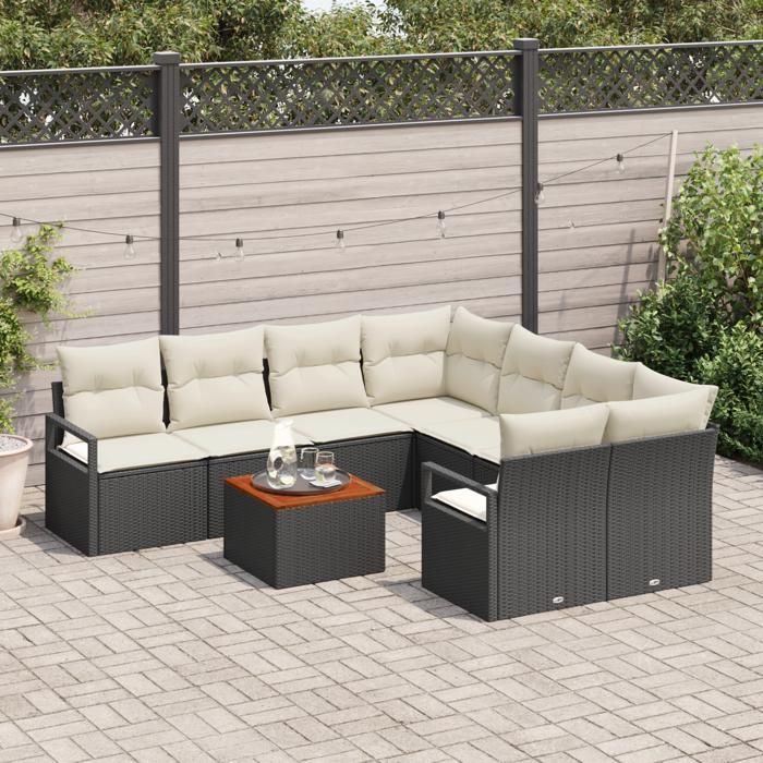 Ensemble de Canapé de Jardin 9 Pièces avec Coussins en Rotin Poly Noir Acacia, Canapé de Jardin 2 Places avec Rangement 3356353
