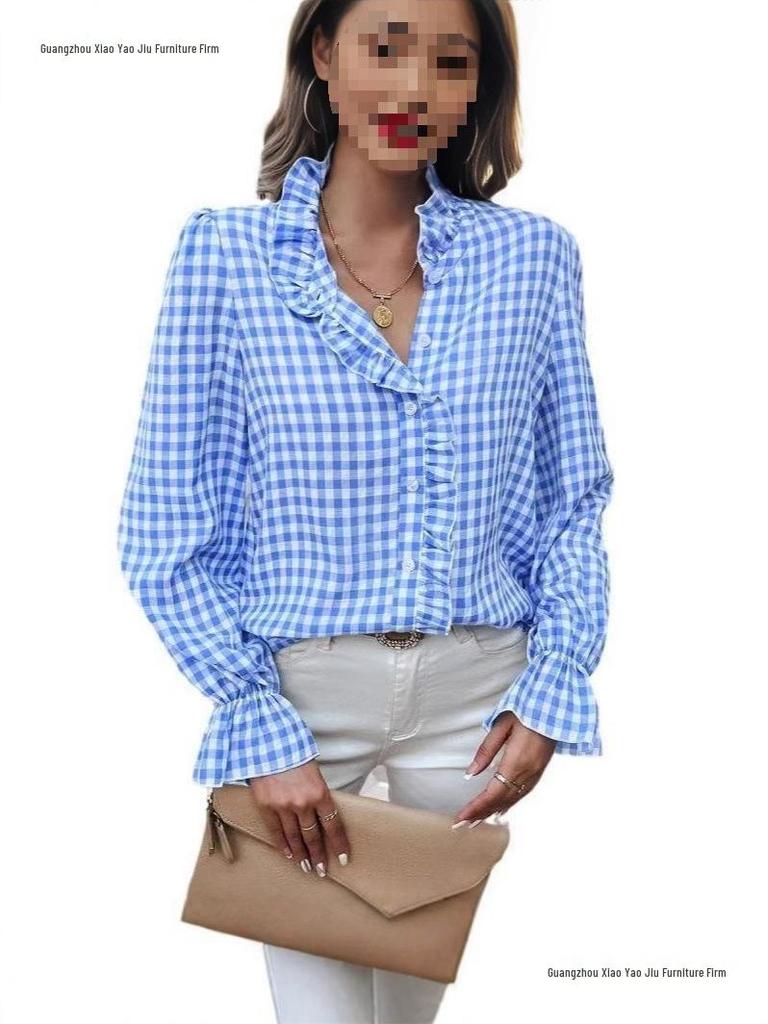 2026 Spring French Ruffle Plaid Women's Shirt - New Arrival