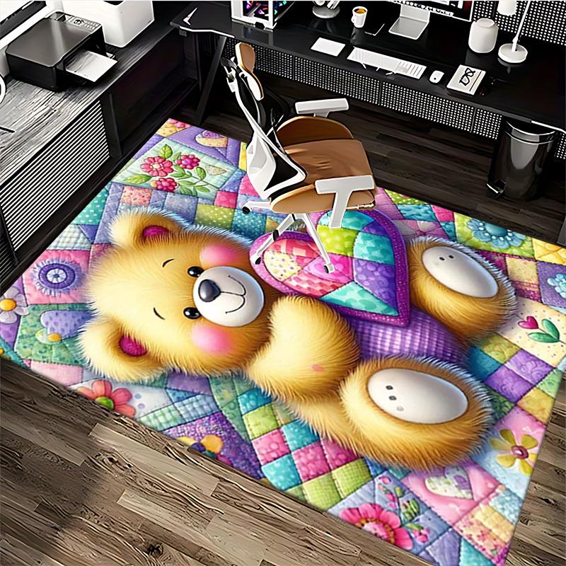 1pc Teddy Bear Heart Quilted Chair Mat - Anime Cartoon Design Office Rug for Home Decor, Seasonal Gift, Anti-Slip Carpet Suitable for Office, Living R