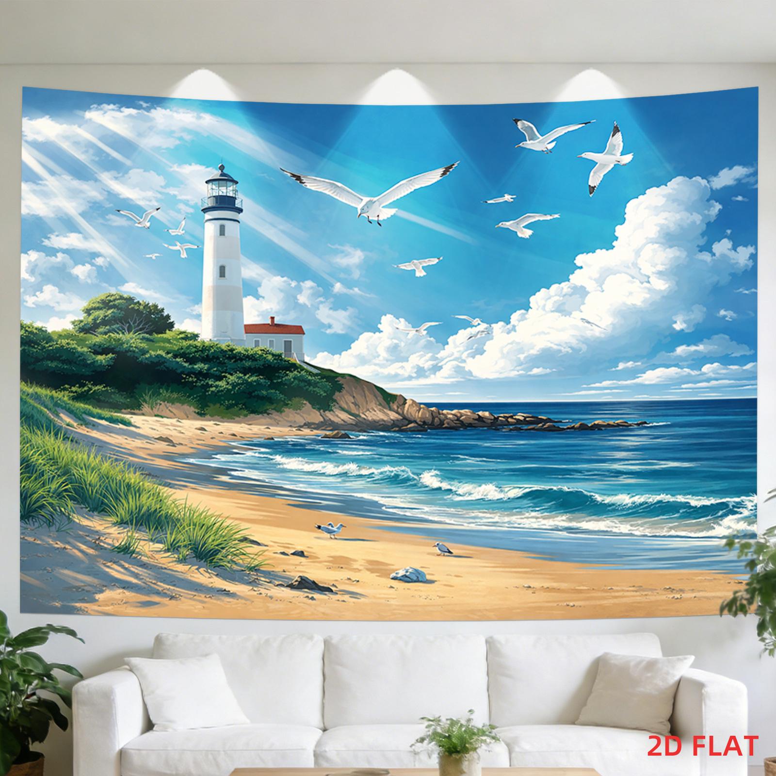 Seaside Lighthouse Landscape Tapestry Healing Series Seaside Beach Living Room Decoration Room Decoration 100X70CM