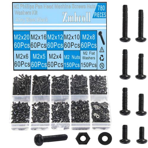 Zmbroll 780pcs M2x4/5/6/8/10/12/16/20mm Phillips Pan Head Screws, Black Metric Machine Screws, Fully Threaded Carbon Steel Fastener Bolts, Nuts, and W