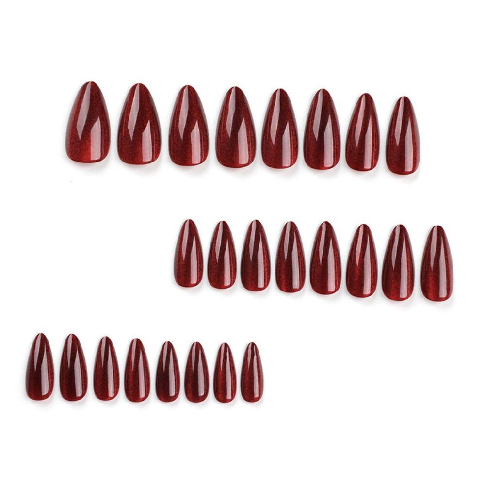 Manicure Long Almond False Nails Red French Fake Nials Cat Eye Detachable Nail Tips DIY