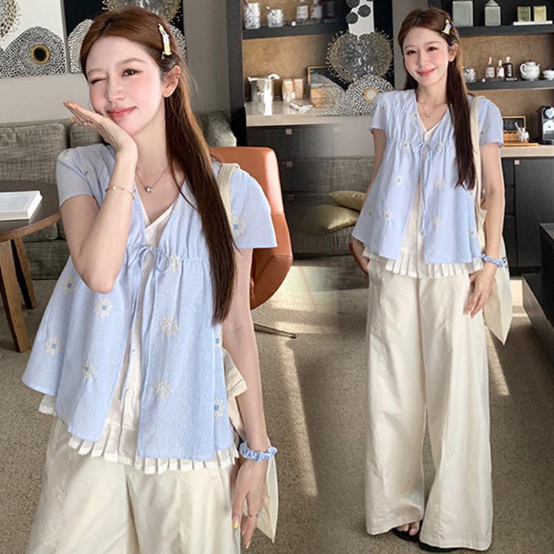 2026 Korean-French Maternity Tencel Shirt & Wide-Leg Pants Set - Lightweight, Two-Piece, Doll-Style 2XL