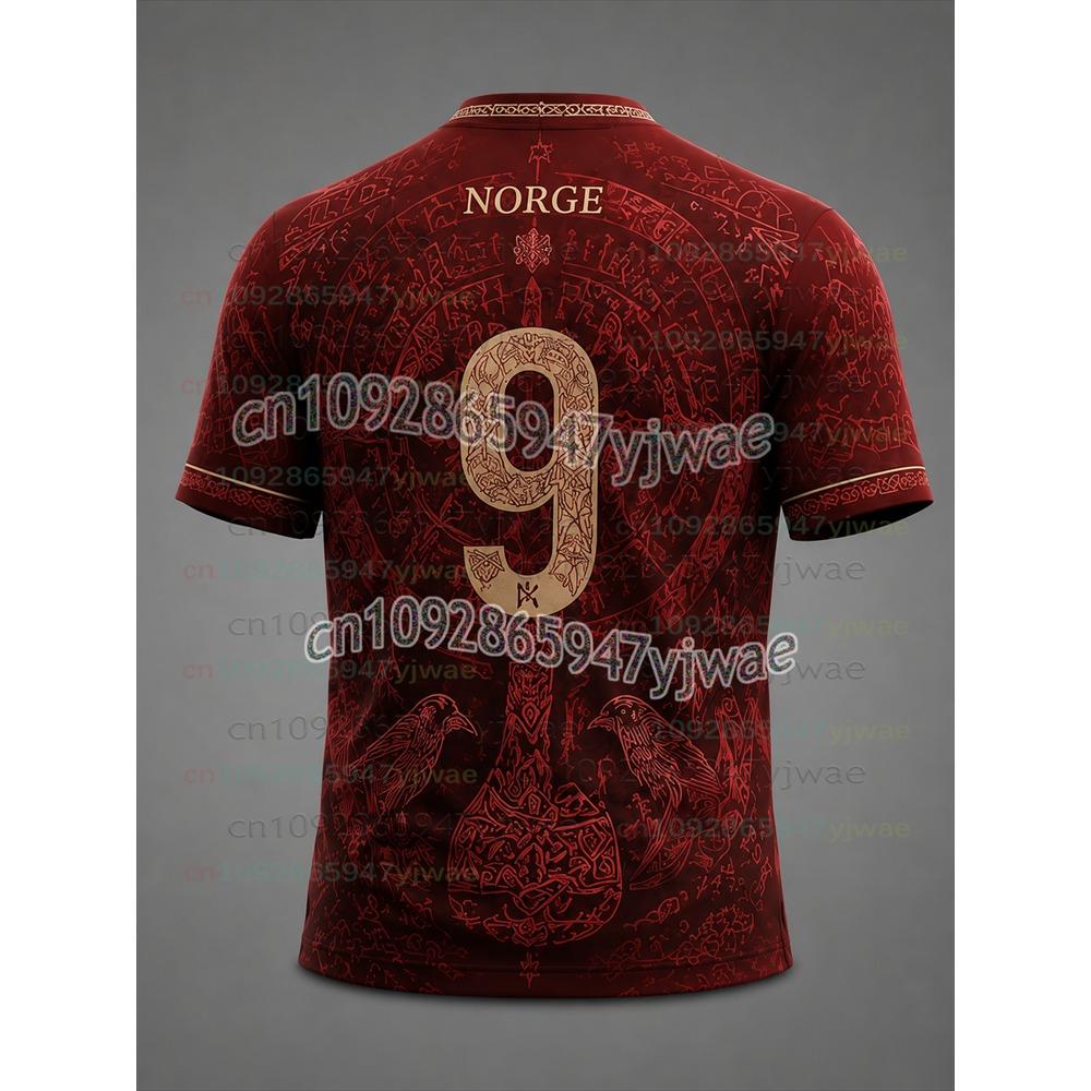 2026 Neues Herren/Kinder Norwegen V-Ausschnitt Fußballtrikot Vollständiges Nordisches Wikinger-Kriegsschiffmuster 3D Schnelltrocknend Atmungsaktiv #9 Fans Sporttrikot