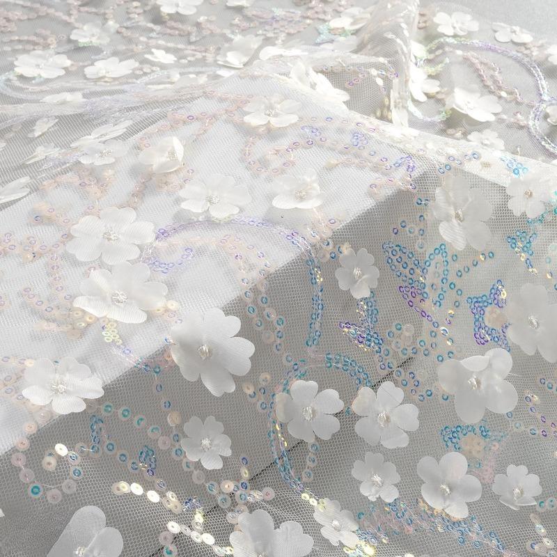 

1/3/5yard Small Flower Sequin Embroidery Lace Fabric for Handmade DIY Sewing Hair Band Cheongsam Wedding Gown Stage Costumes 1Yard