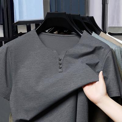Men's Business Casual Three Button V-neck Short Sleeved T-shirt Korean Style Summer Comfortable Versatile Top