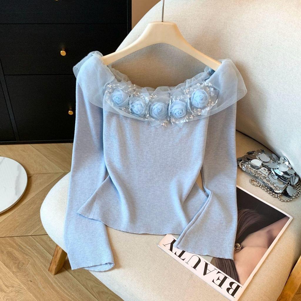 Chic Romantic 3D Floral One-Shoulder Long-Sleeve Knitted Top for Women