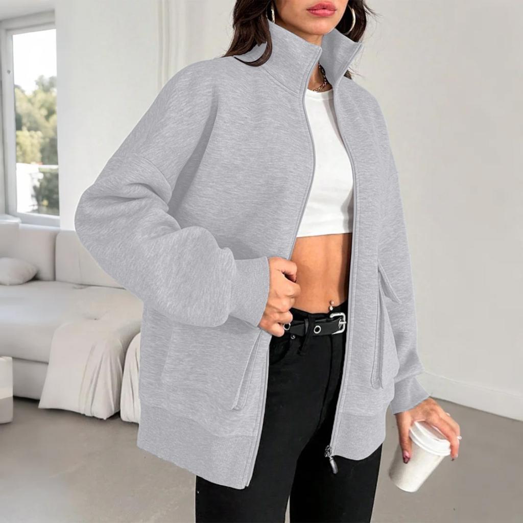 Women's Fashion Solid Color Turtleneck Baseball Uniform Long Sleeve Zip Jacket