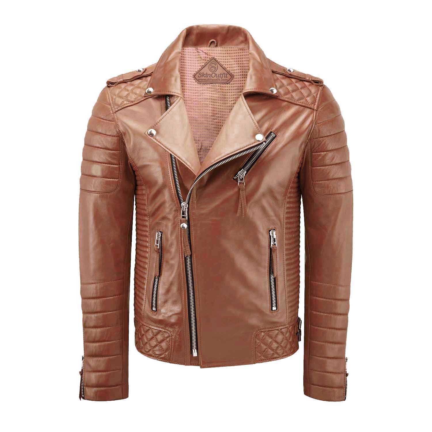 

SKINOUTFIT Чоловіча мотоциклетна шкіряна куртка Натуральна мангова засмага ягняча шкіра Кафе рейсер Байкерський верхній одяг M дубильна кора
