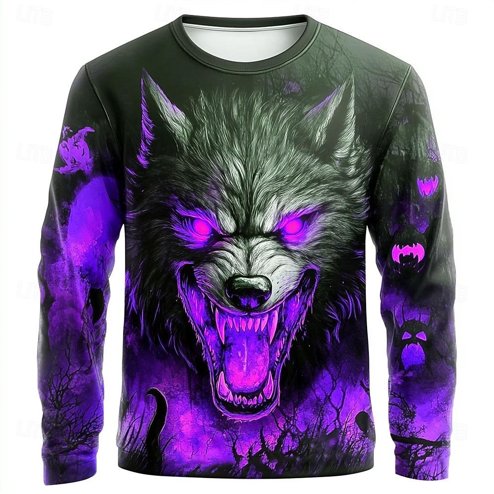 Funny 3D Wolf Pattern Men's T-shirts Hip Hop Trend Harajuku Streetwear Casual O-neck Long Sleeve Top Spring Autumn Loose Clothing