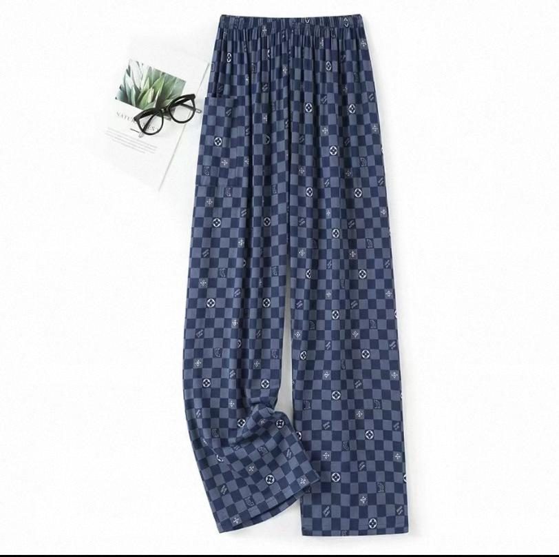 Summer men's cotton and silk pajama pants plaid home pants loose can be worn outside beach long pants youth artificial cotton
