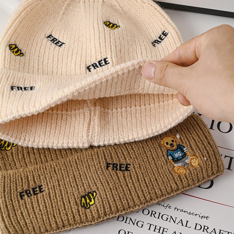 Hat Female Autumn and Winter Wool Hat Versatile Embroidered Letter Knitted Outdoor Riding Warm Cute Bear Pullover Hat