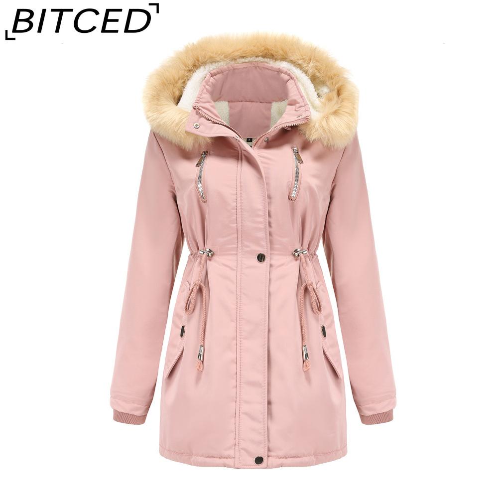 BITCED Autumn/Winter Women's Thickened Shearling-Lined Cotton Coat Loose-Fit Cotton Jacket with Detachable Hood and Fleece Lining