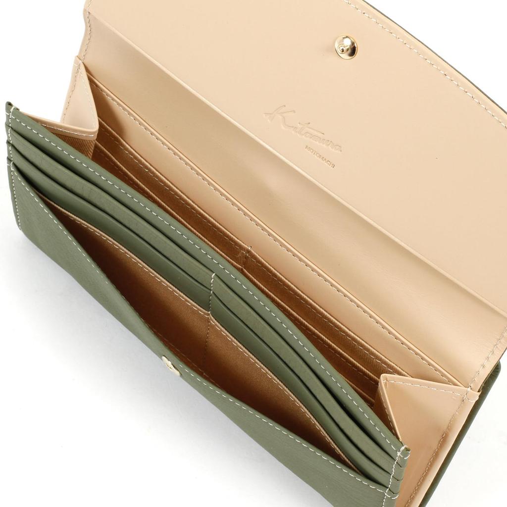 Kitamura Waterproof Leather Long Wallet with a Unique Texture of Natural Stitching 33915 Women's Materials, PH0384, Khaki/Ivory [Green]