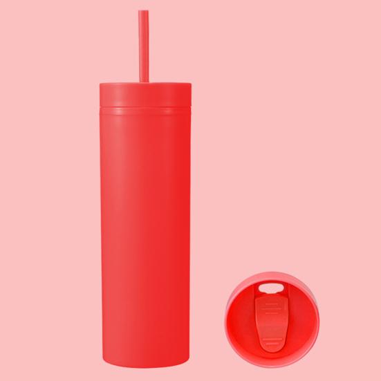 1 Set 450ml Colored Plastic Tumbler Anti-dropping Straw Double Layer Juice Coffee Straw Cup for Home