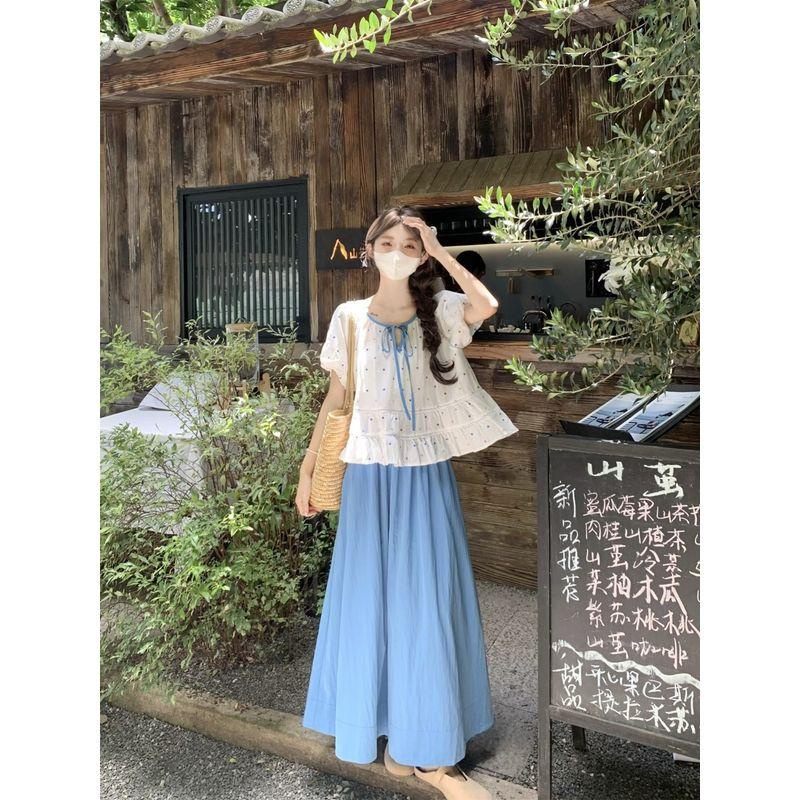 Kumikumi Vacation Set French Style Polka Dot Puff Sleeve Shirts Women Summer Loose Blue Skirt Two-piece Set