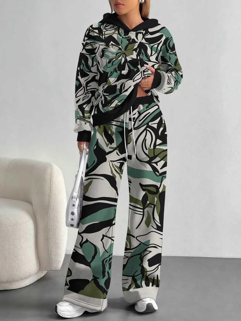Color Graffiti European and American Autumn and Winter Casual Long-sleeved Suit Women's Hooded Sweater Trousers Two-piece Set