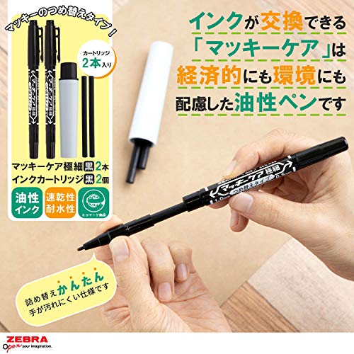 Oil-based Marker Set Zebra Mackee Care Extra Fine, Refillable, Black, 2 Markers + 2 Cartridges
