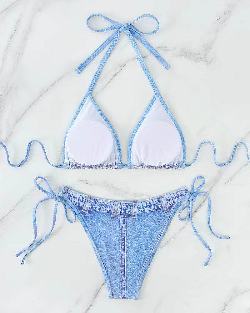 2024 Retro Denim Bikini: European & American Style Backless Split Swimsuit for Women